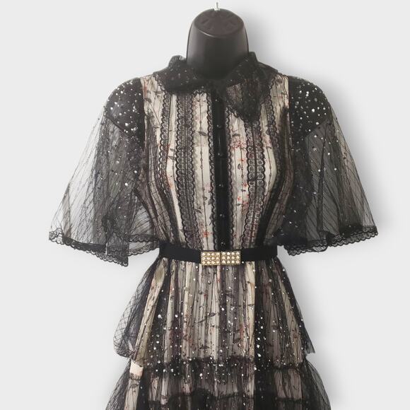 Dark Romance Victorian Sheer Lace Floral Studded Tiered Midi Dress Whimsigoth Sm - Picture 2 of 16